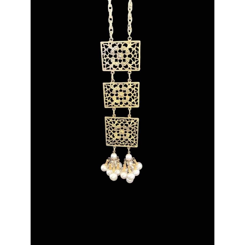 Vendome Vintage Filigree Squares Pendant Faux Pearl Tassel Necklace Gold Tone